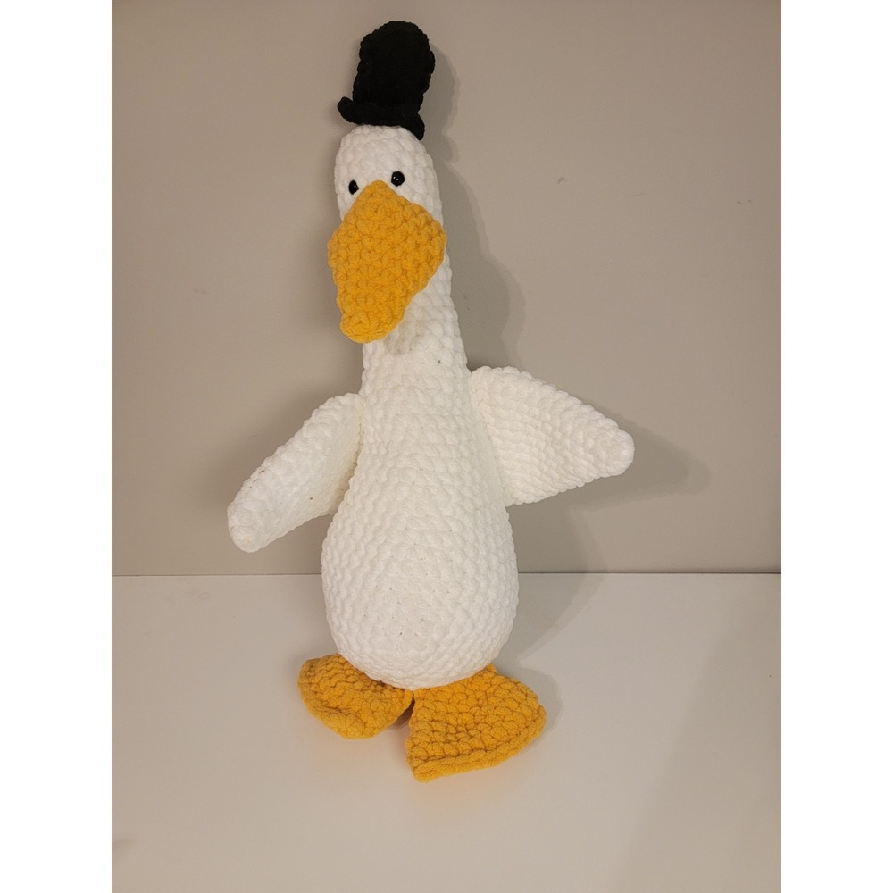 Handmade Crochet Goose Plush Top Hat White Chenille Soft Stuffed Animal 18"